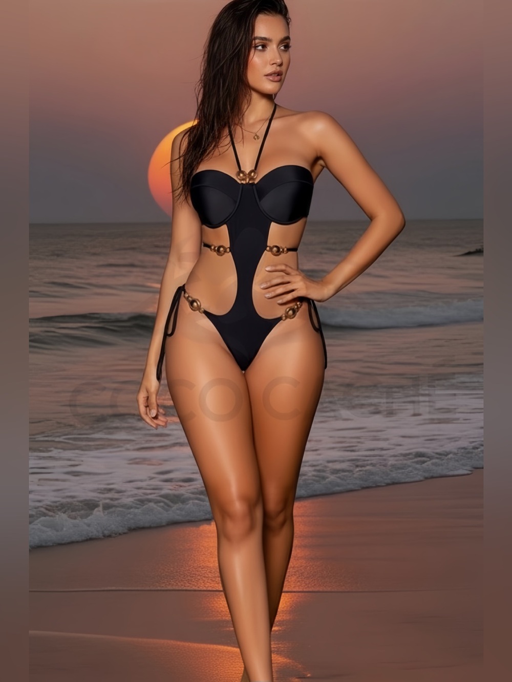 Hot Summer Night Cut-Out Embellished One Piece Halter Swimsuit Bikini - Picture 6 of 10